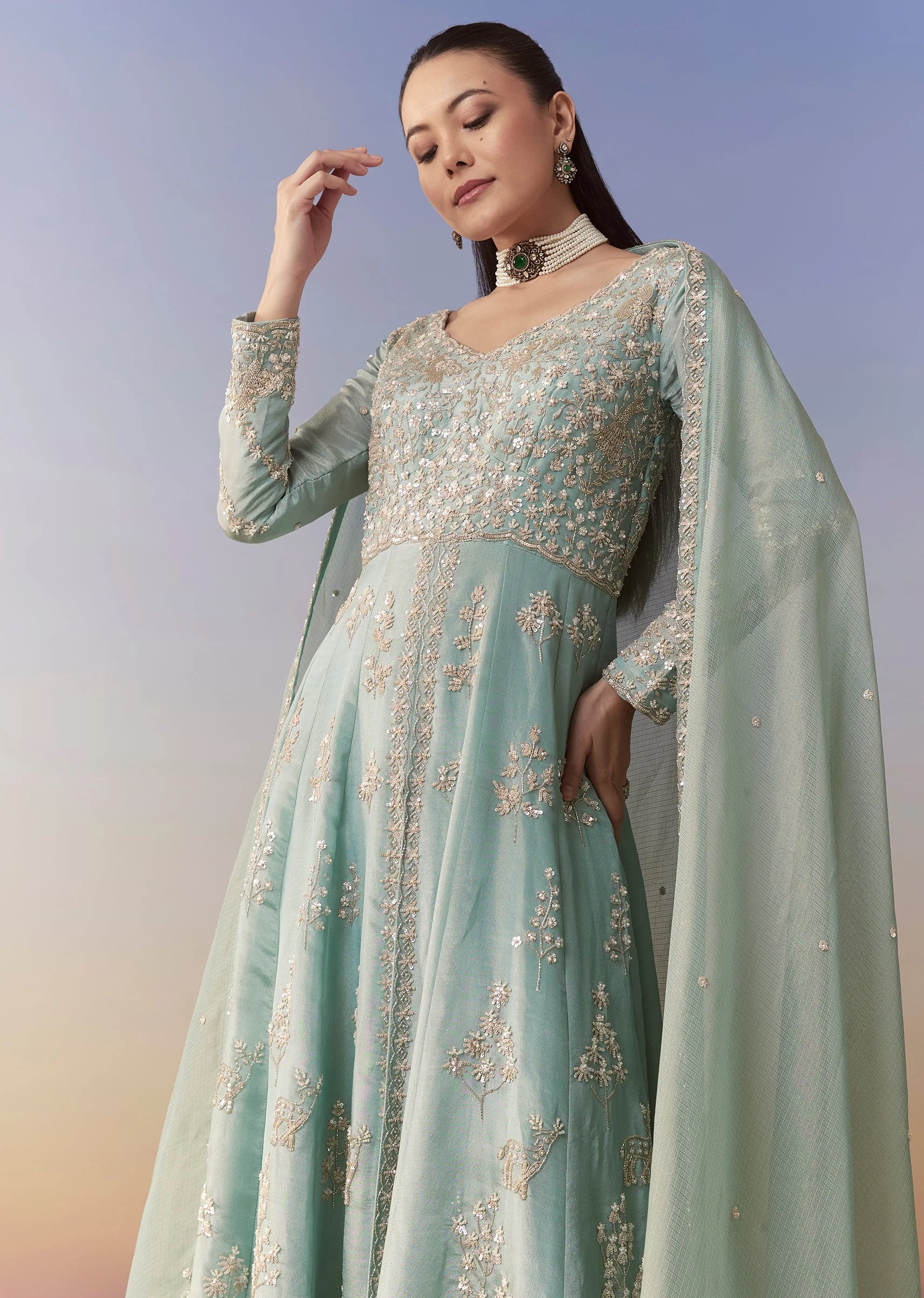 Blue Slit Anarkali Palazzo Set with Sequin Work