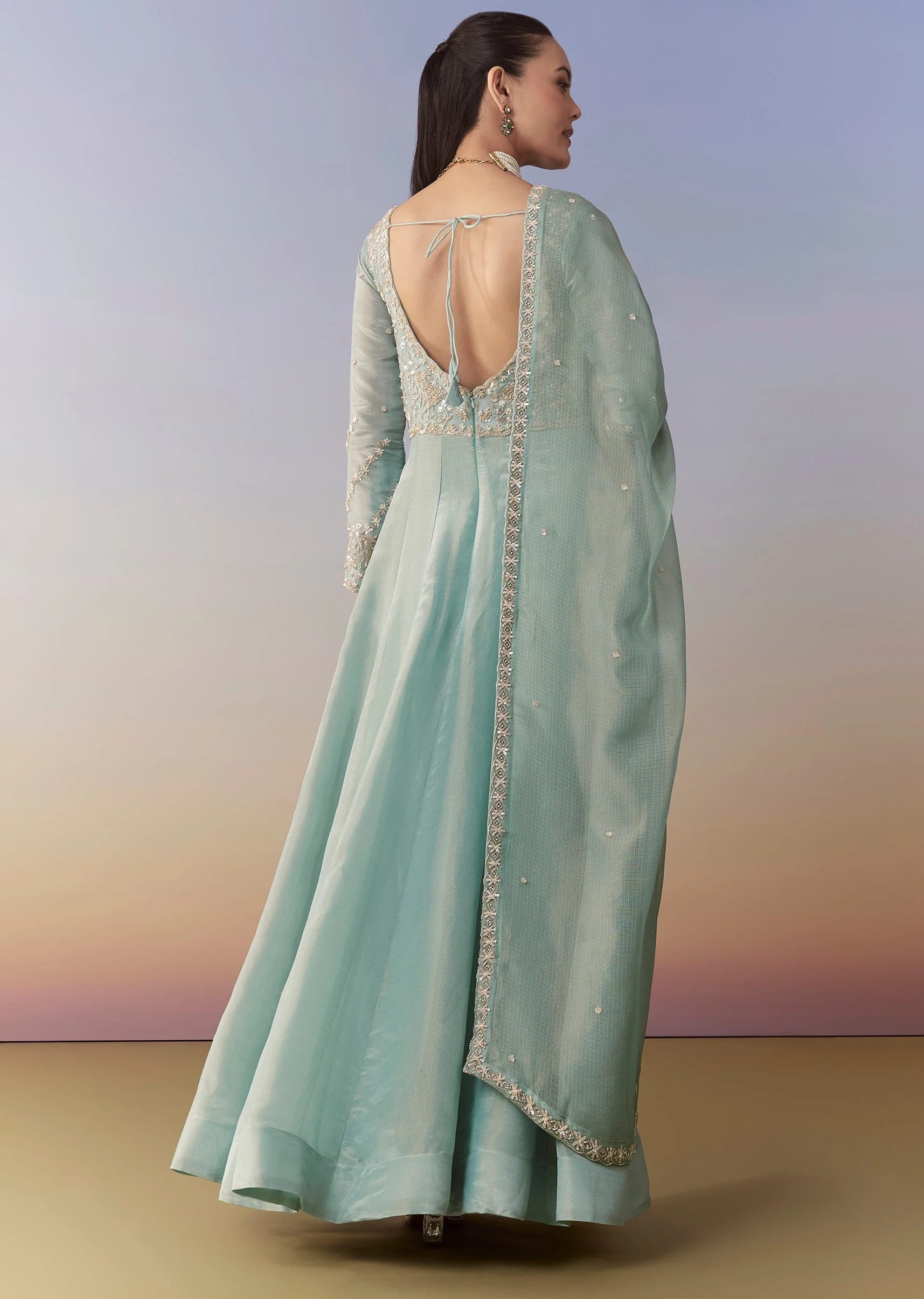 Blue Slit Anarkali Palazzo Set with Sequin Work