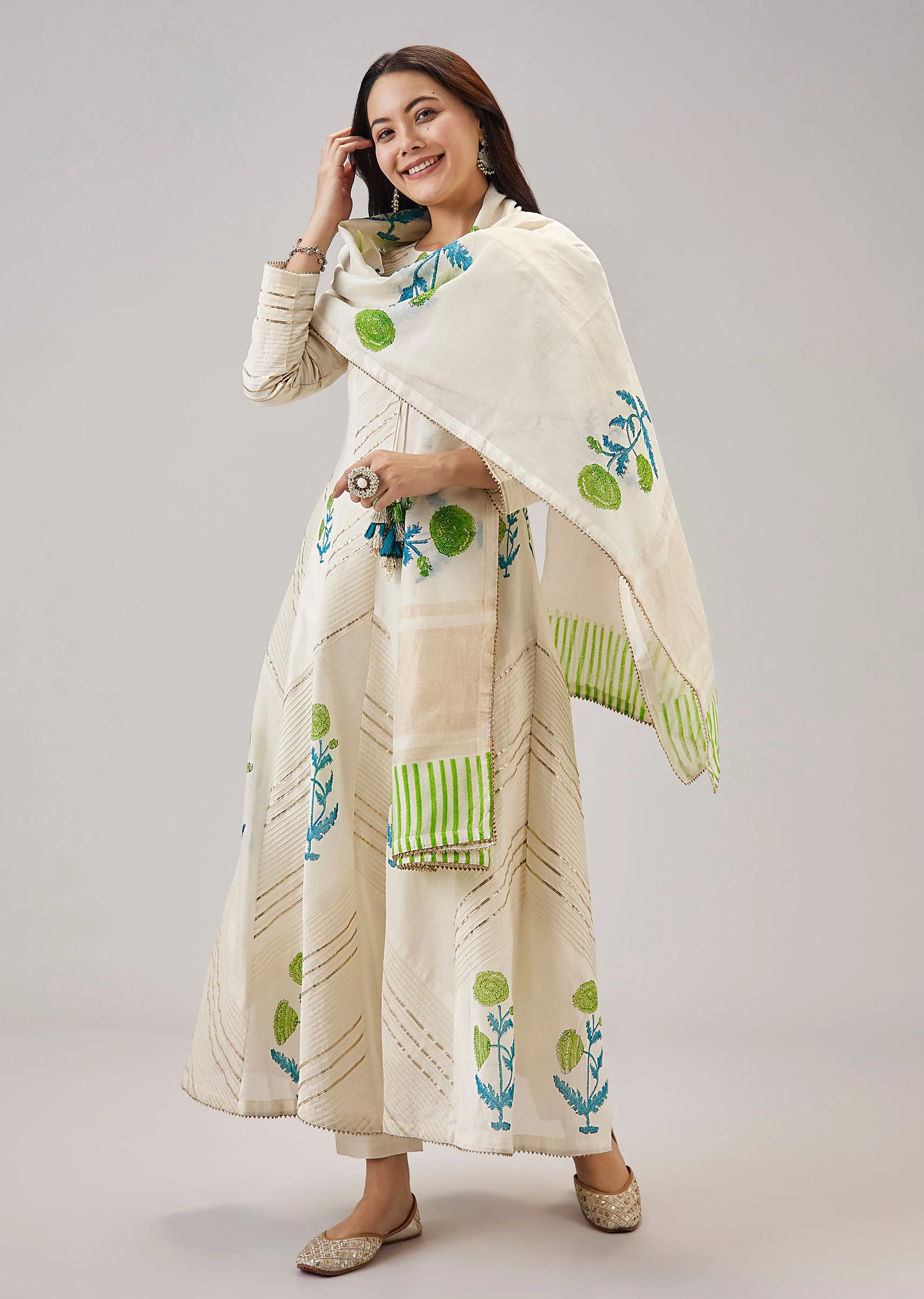 Green Hand Block Print Anarkali With Gotta Lace Work