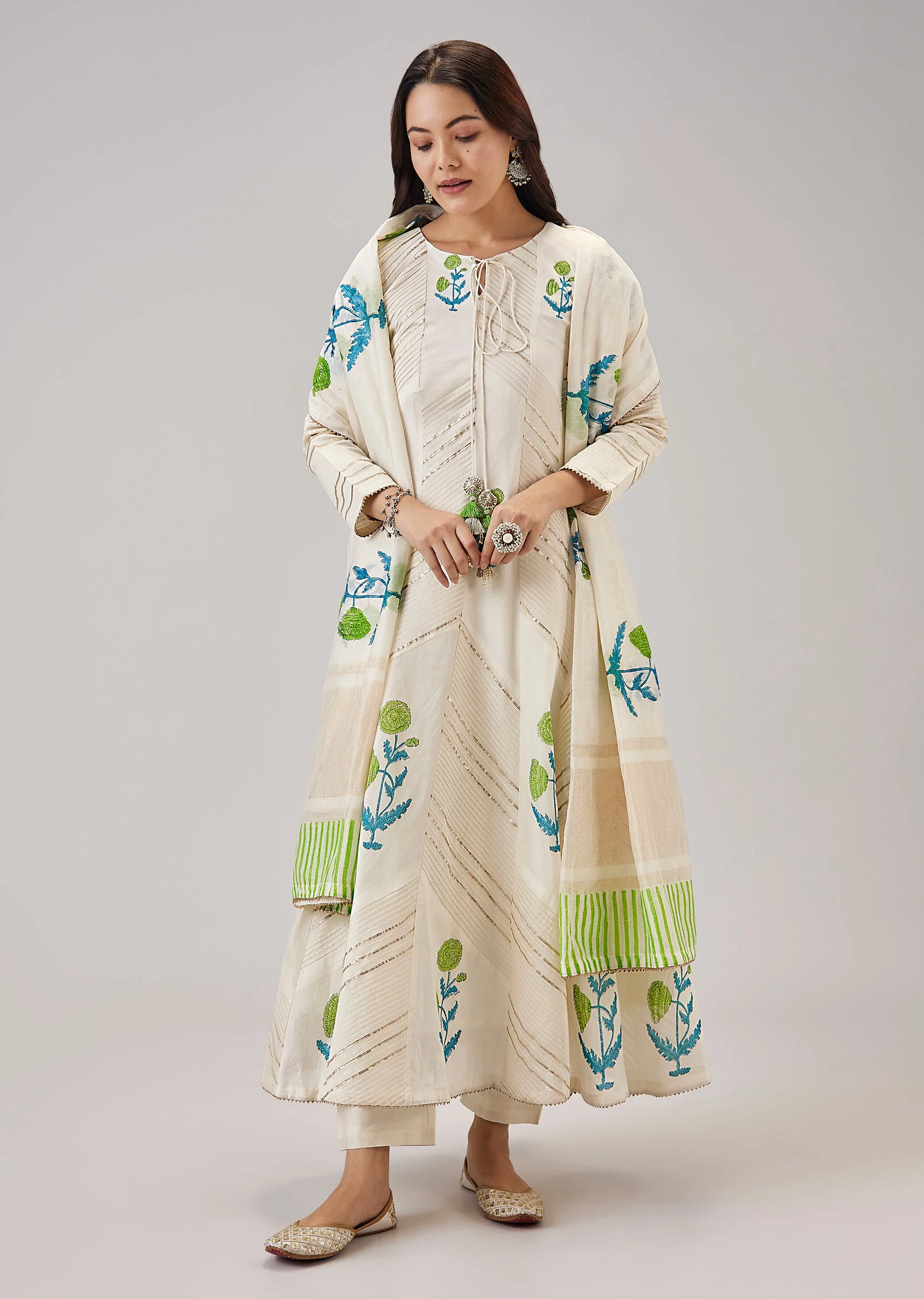Green Hand Block Print Anarkali With Gotta Lace Work
