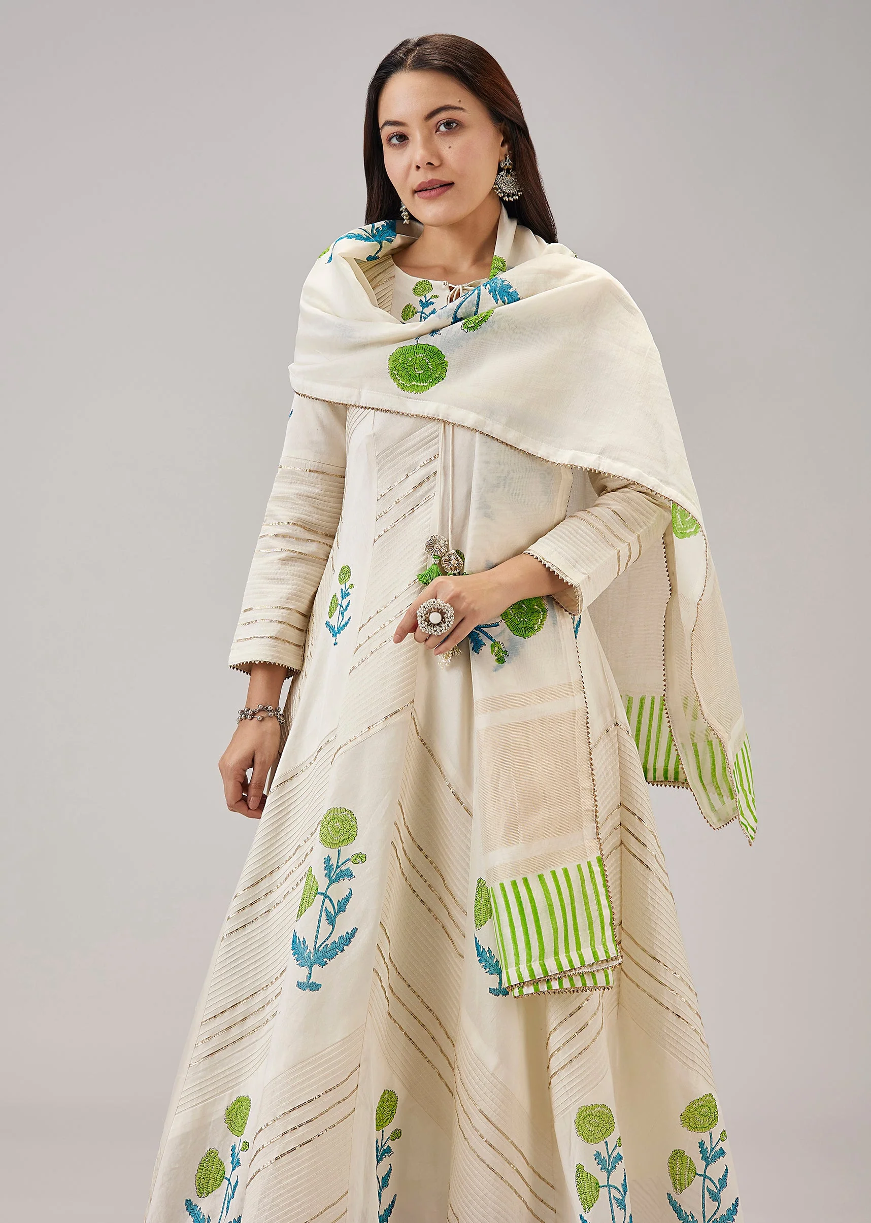 Green Hand Block Print Anarkali With Gotta Lace Work