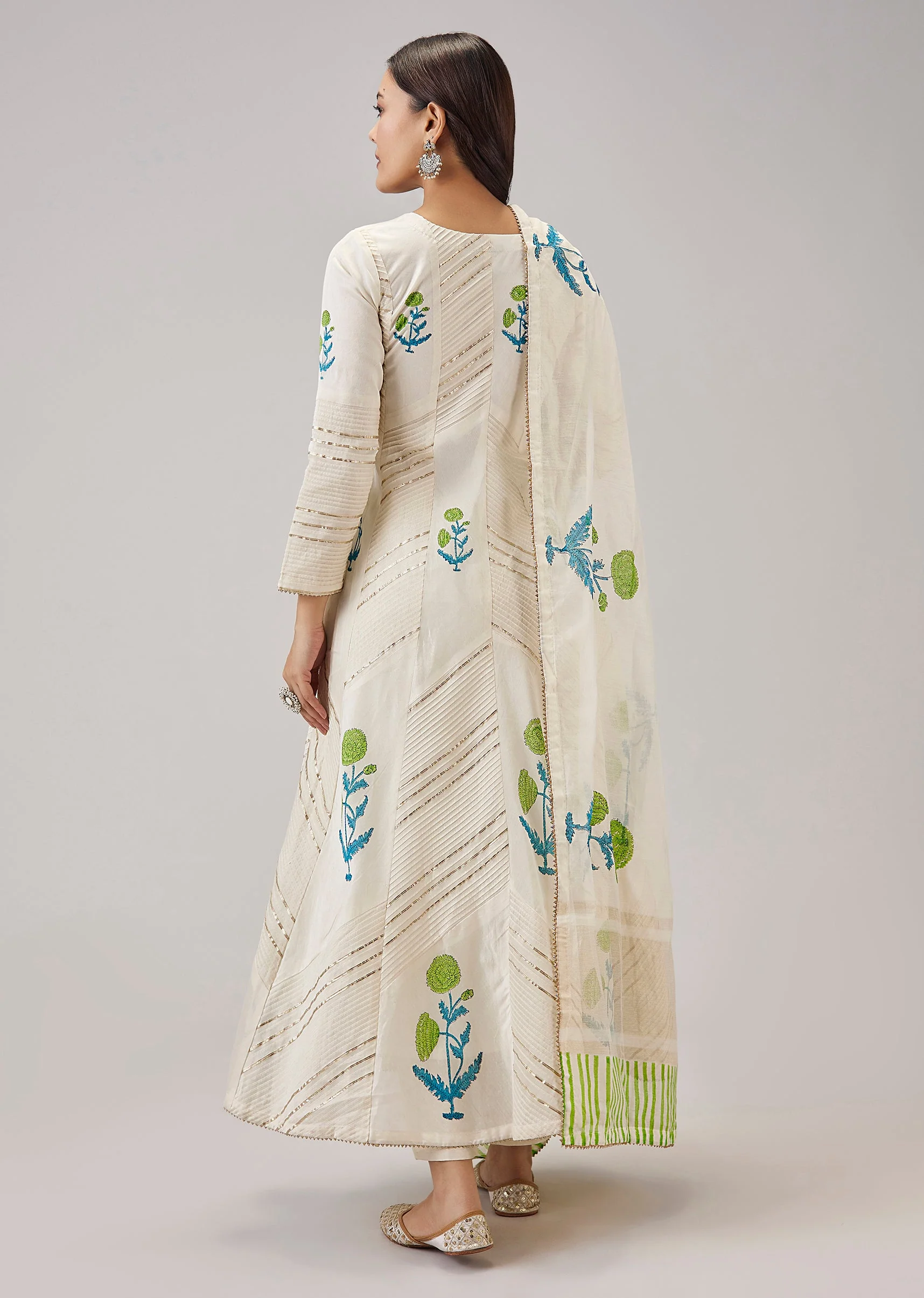Green Hand Block Print Anarkali With Gotta Lace Work