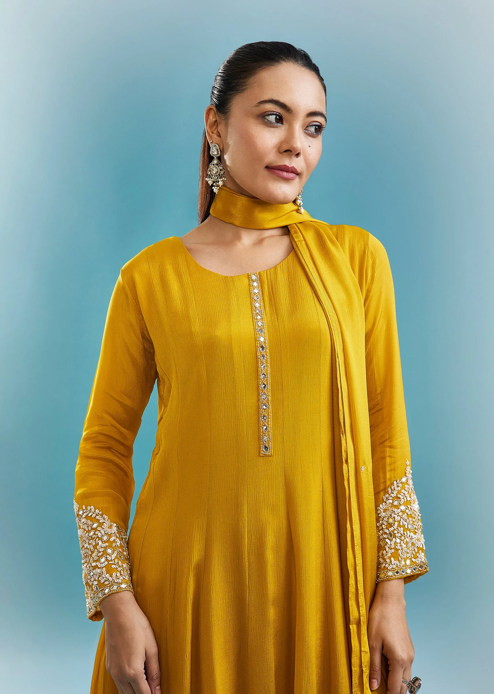 Yellow Anarkali Set With Mirror And Beads Work
