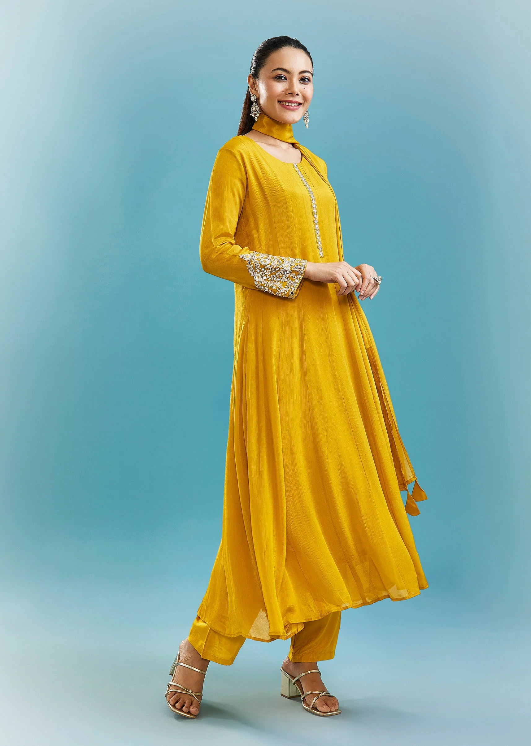 Yellow Anarkali Set With Mirror And Beads Work