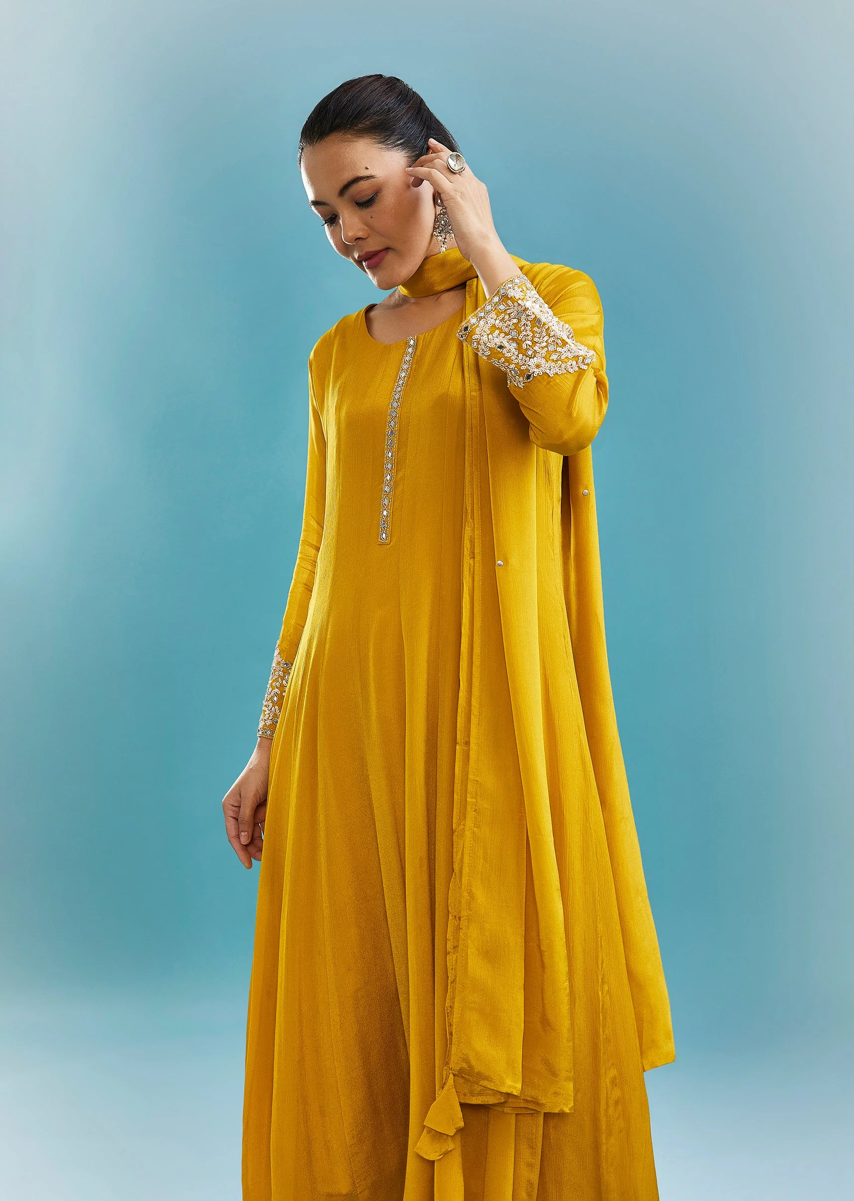 Yellow Anarkali Set With Mirror And Beads Work