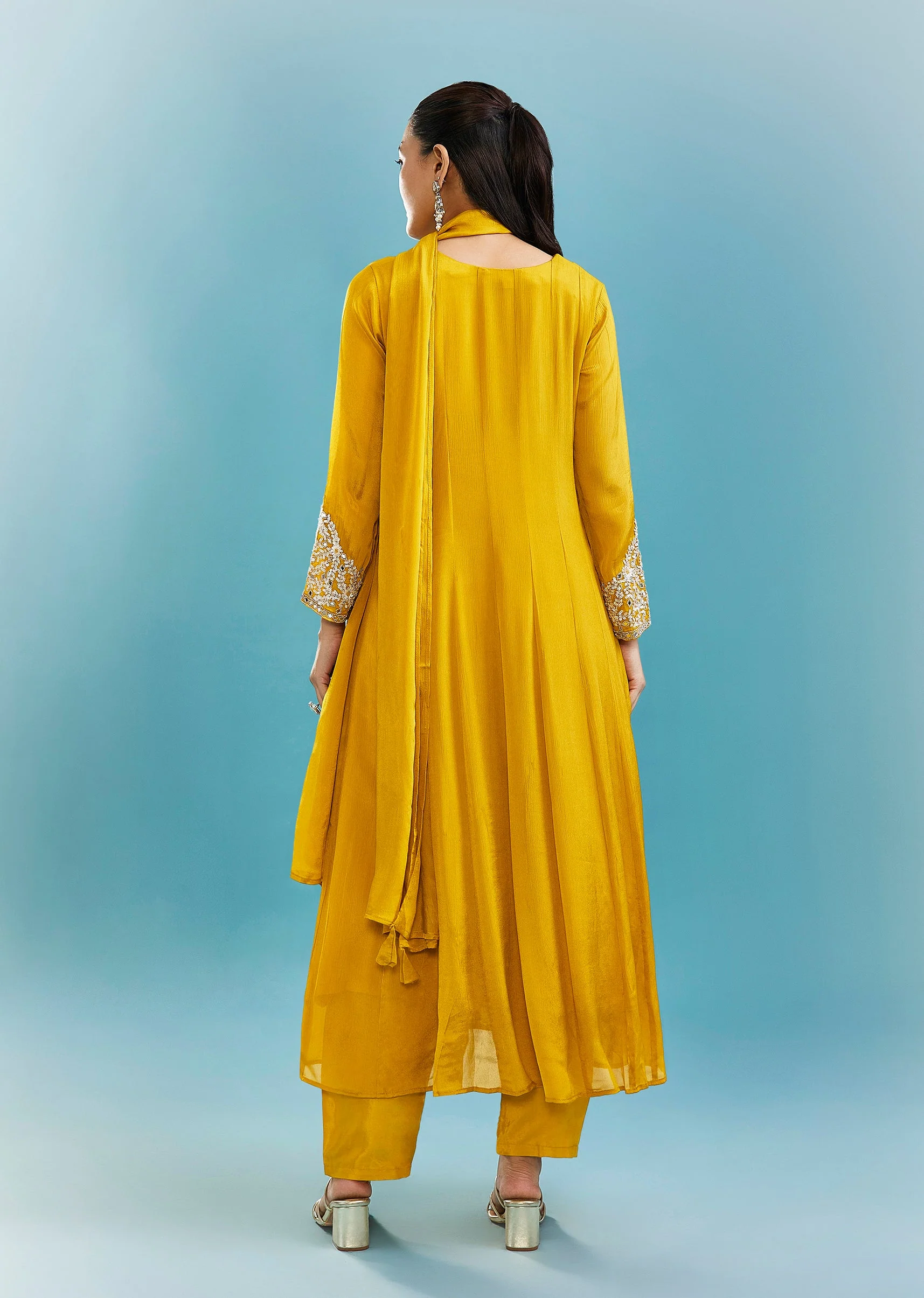 Yellow Anarkali Set With Mirror And Beads Work
