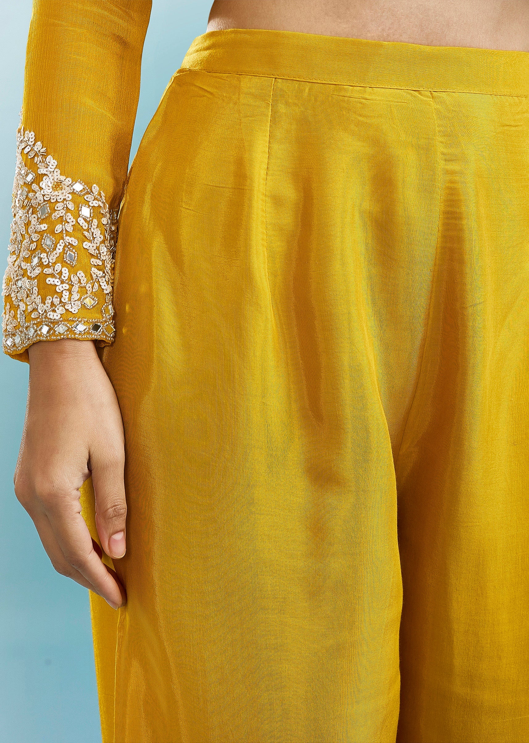 Yellow Anarkali Set With Mirror And Beads Work