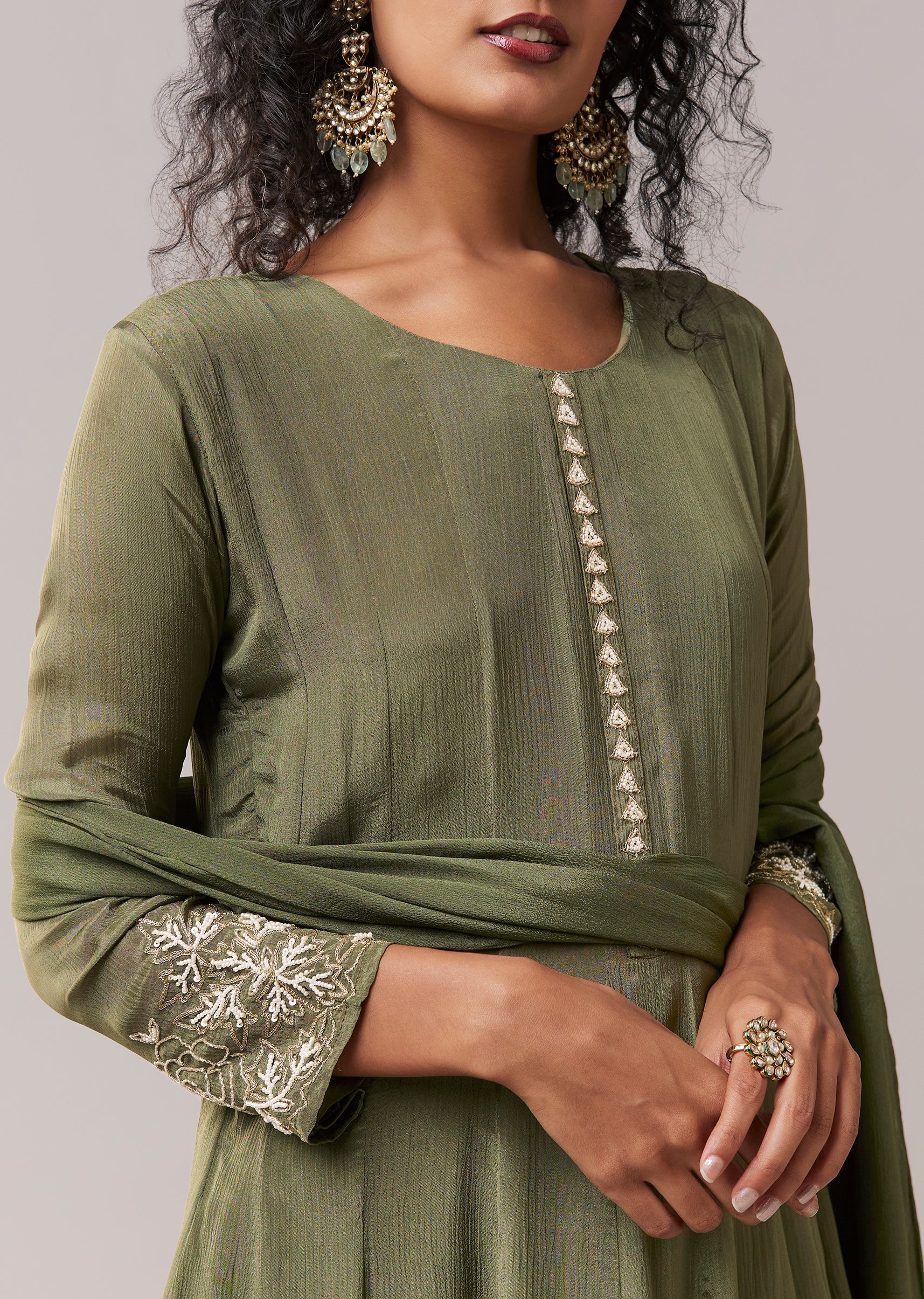 Green Moti Work Silk Embroidered Anarkali Set