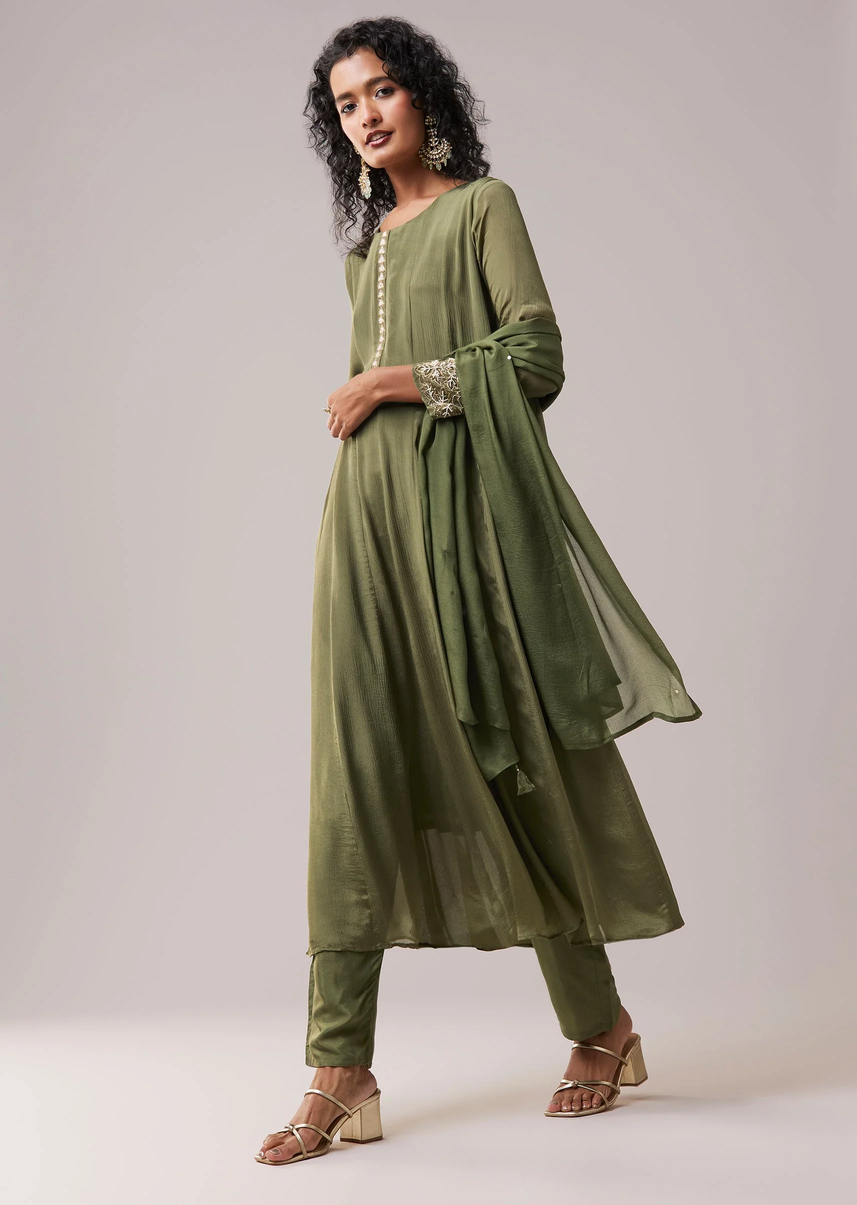 Green Moti Work Silk Embroidered Anarkali Set
