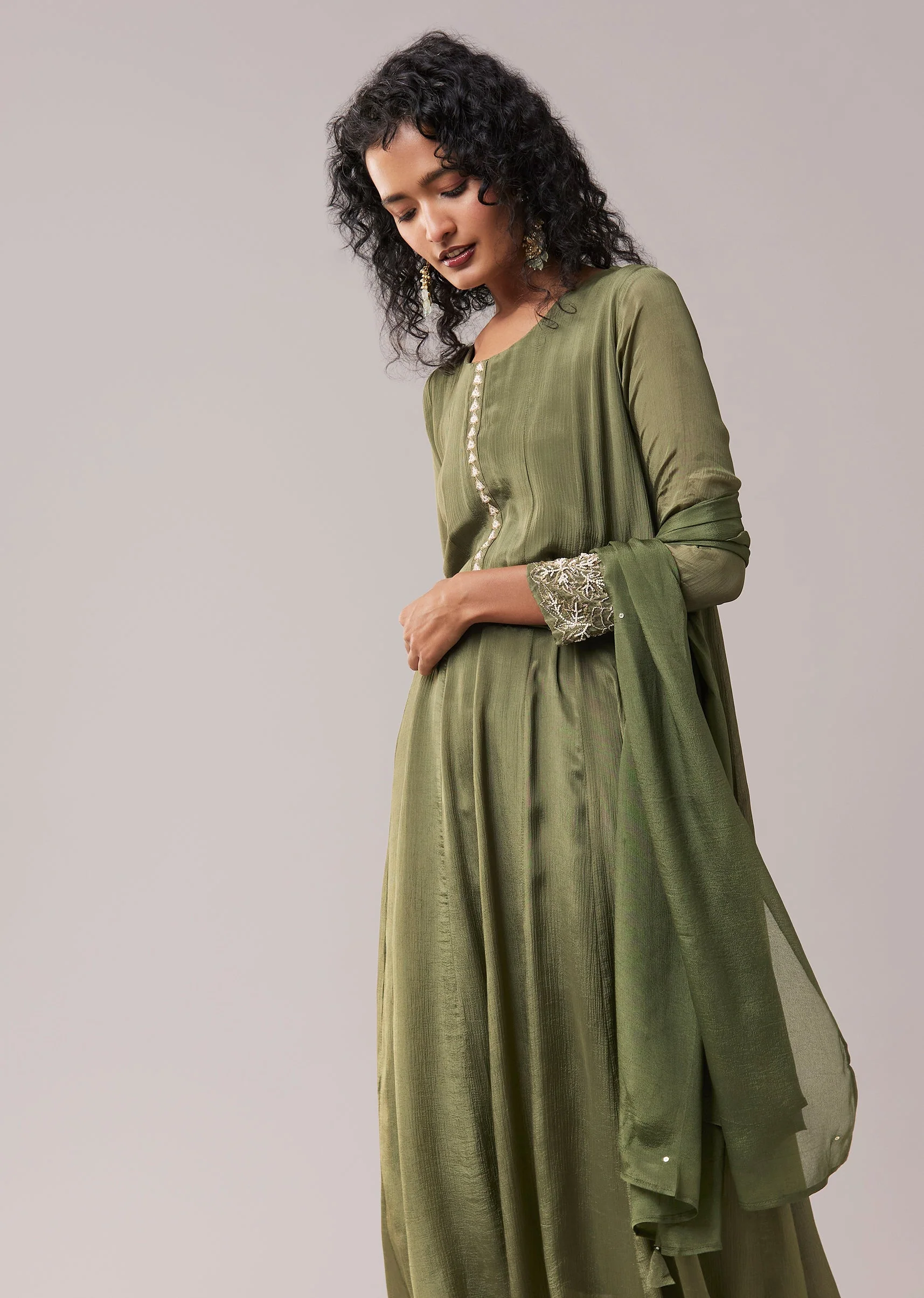 Green Moti Work Silk Embroidered Anarkali Set