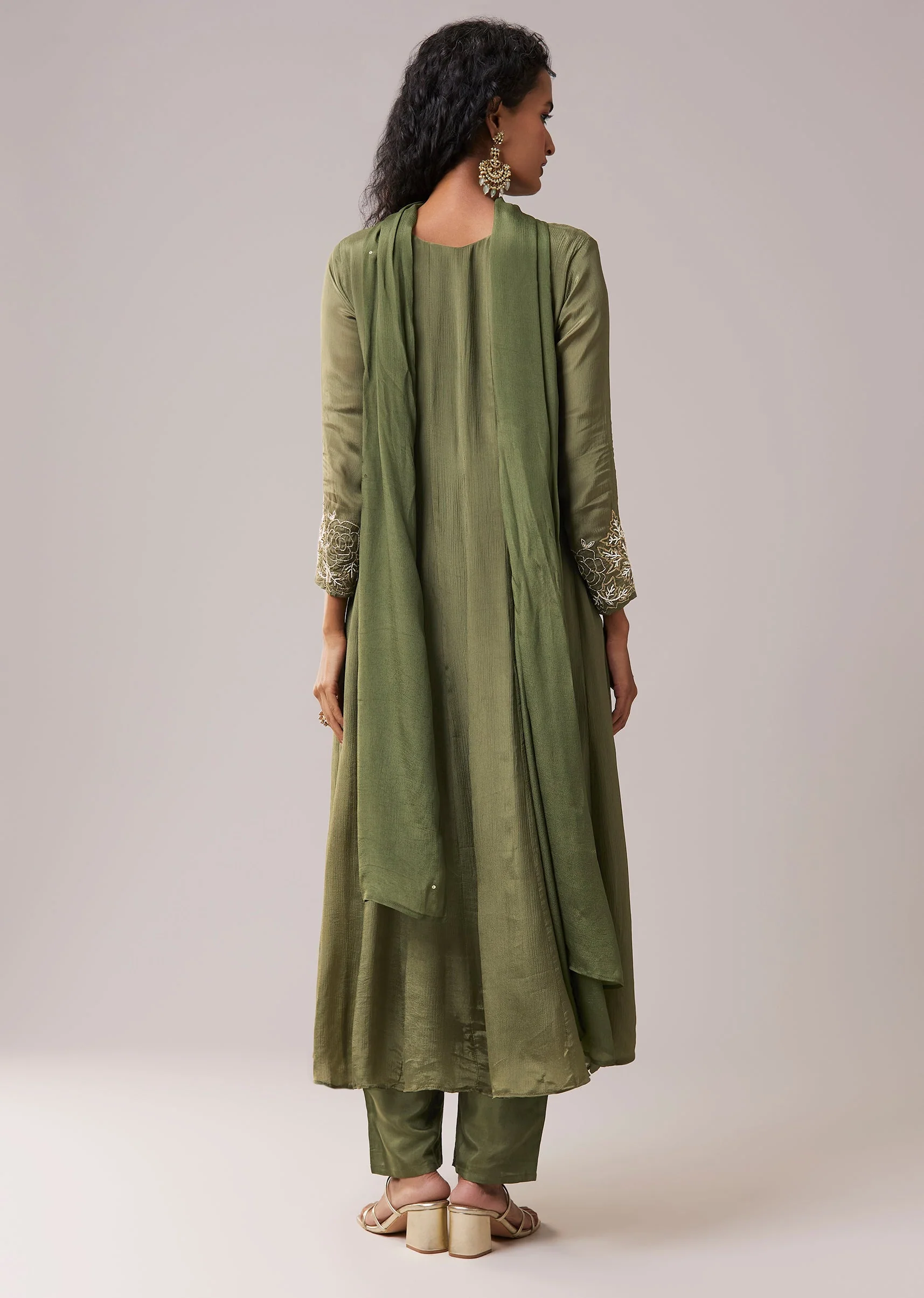 Green Moti Work Silk Embroidered Anarkali Set