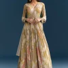 Grey Printed Chinon Anarkali Suit With Zari Work