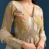Grey Printed Chinon Anarkali Suit With Zari Work