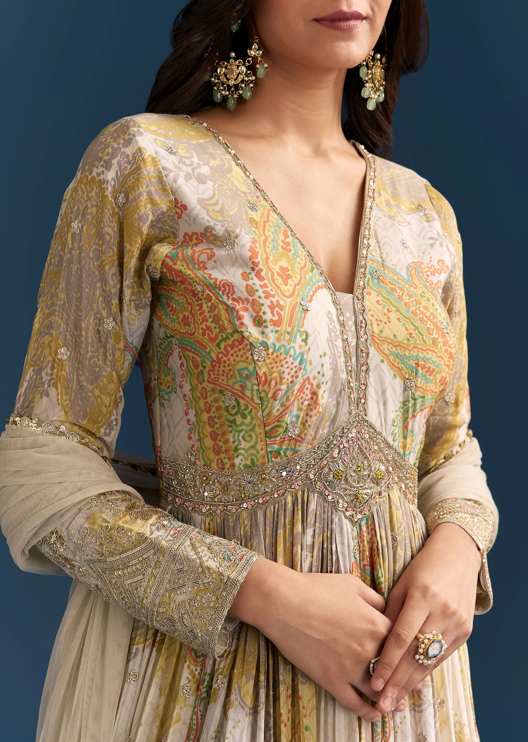 Grey Printed Chinon Anarkali Suit With Zari Work