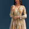Grey Printed Chinon Anarkali Suit With Zari Work