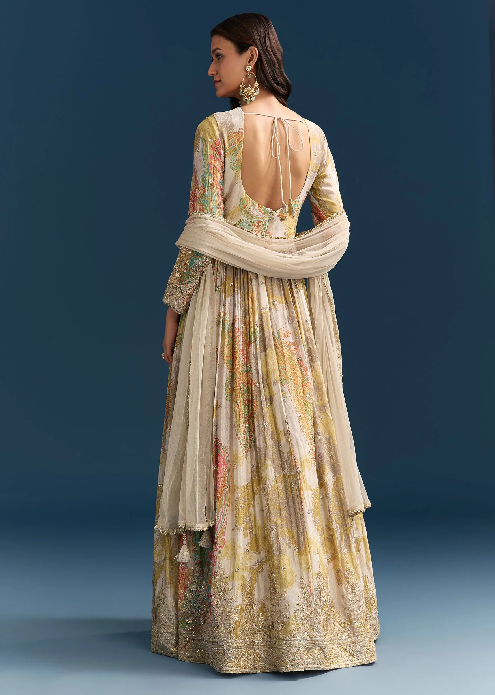 Grey Printed Chinon Anarkali Suit With Zari Work