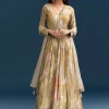 Grey Printed Chinon Anarkali Suit With Zari Work