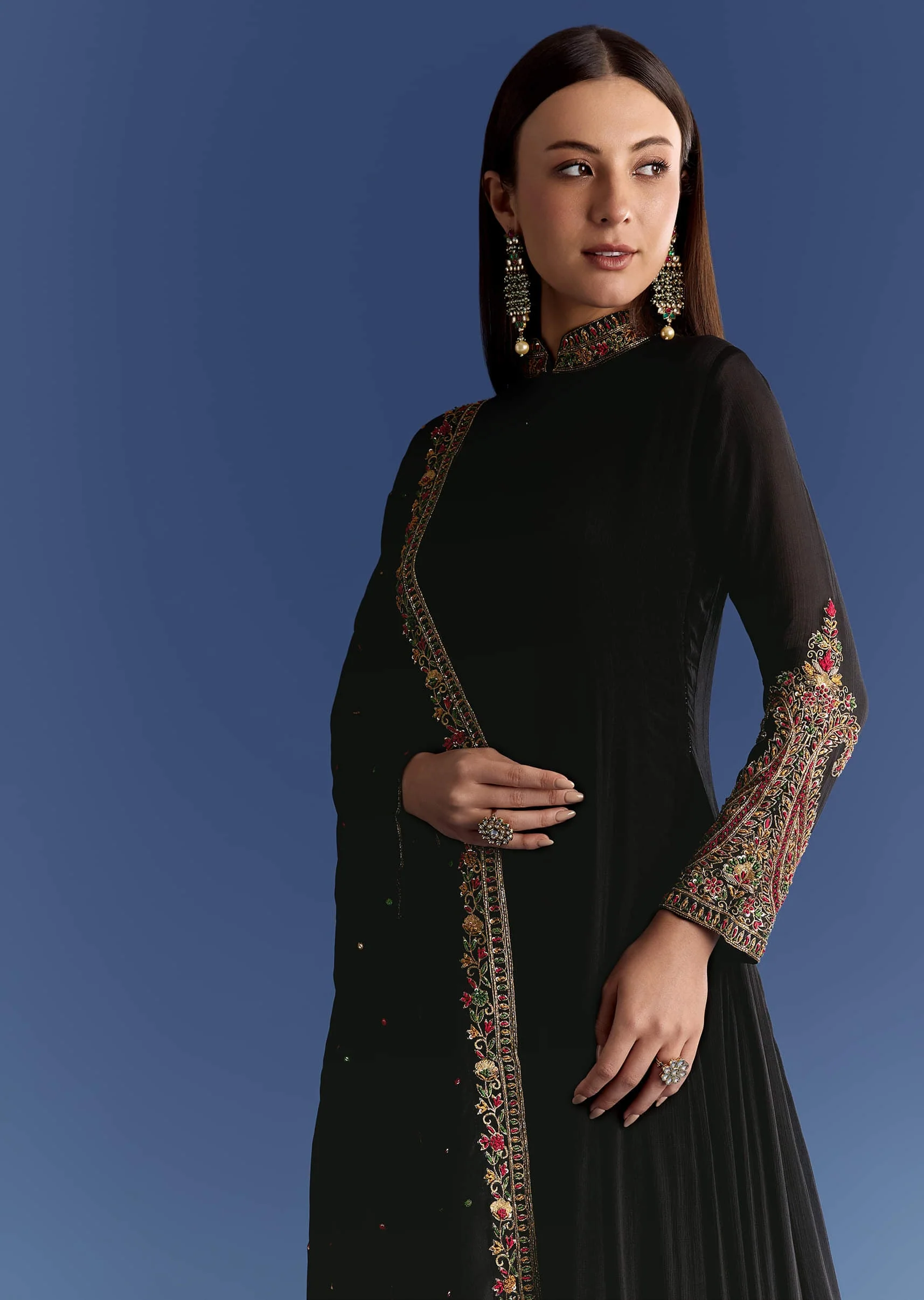 17770-black-chinon-anarkali-with-embroidered-collar-and-zari-dupatta-1.webp Black Chinon Anarkali With Embroidered Collar And Zari Dupatta