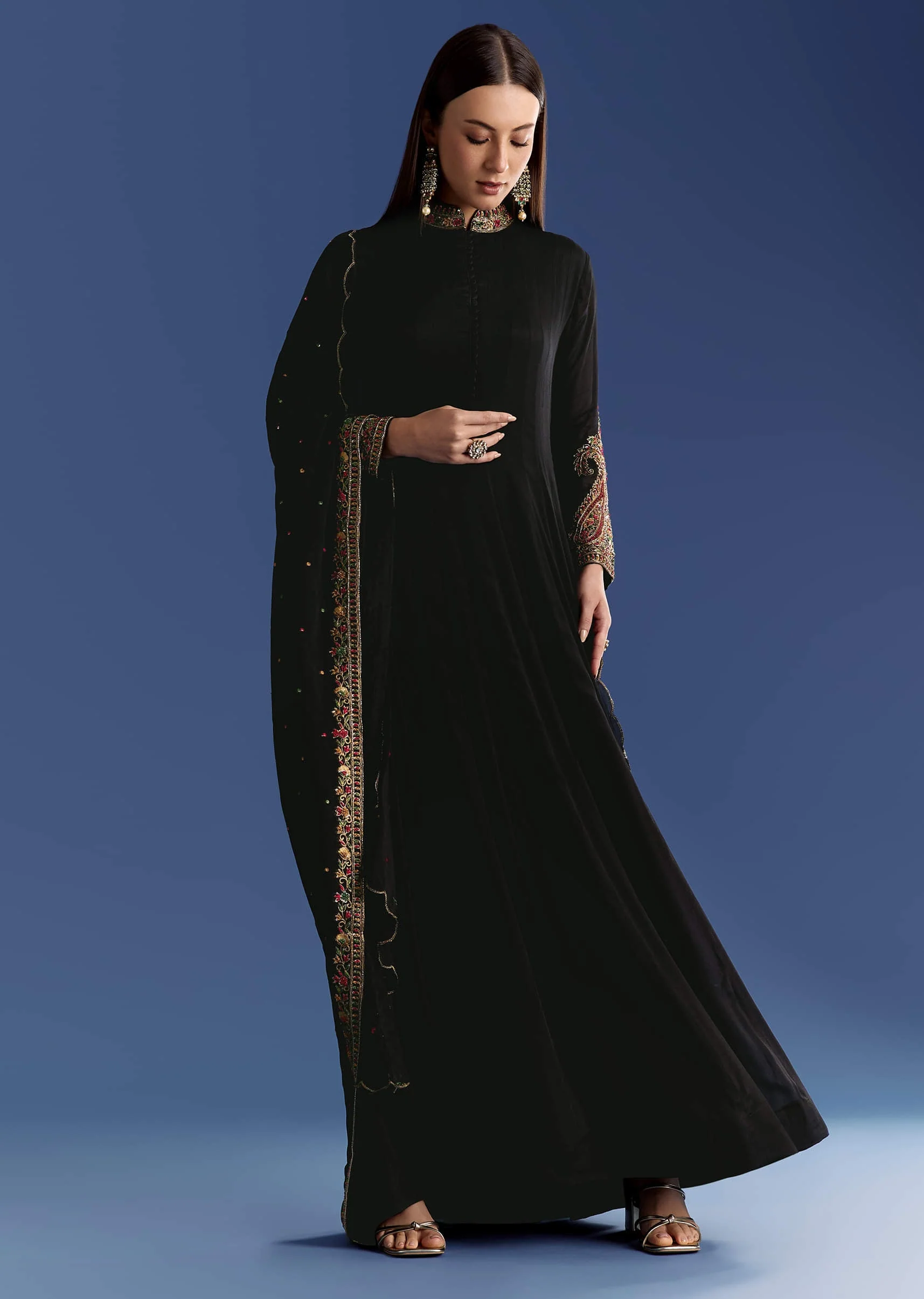 Black Chinon Anarkali With Embroidered Collar And Zari Dupatta