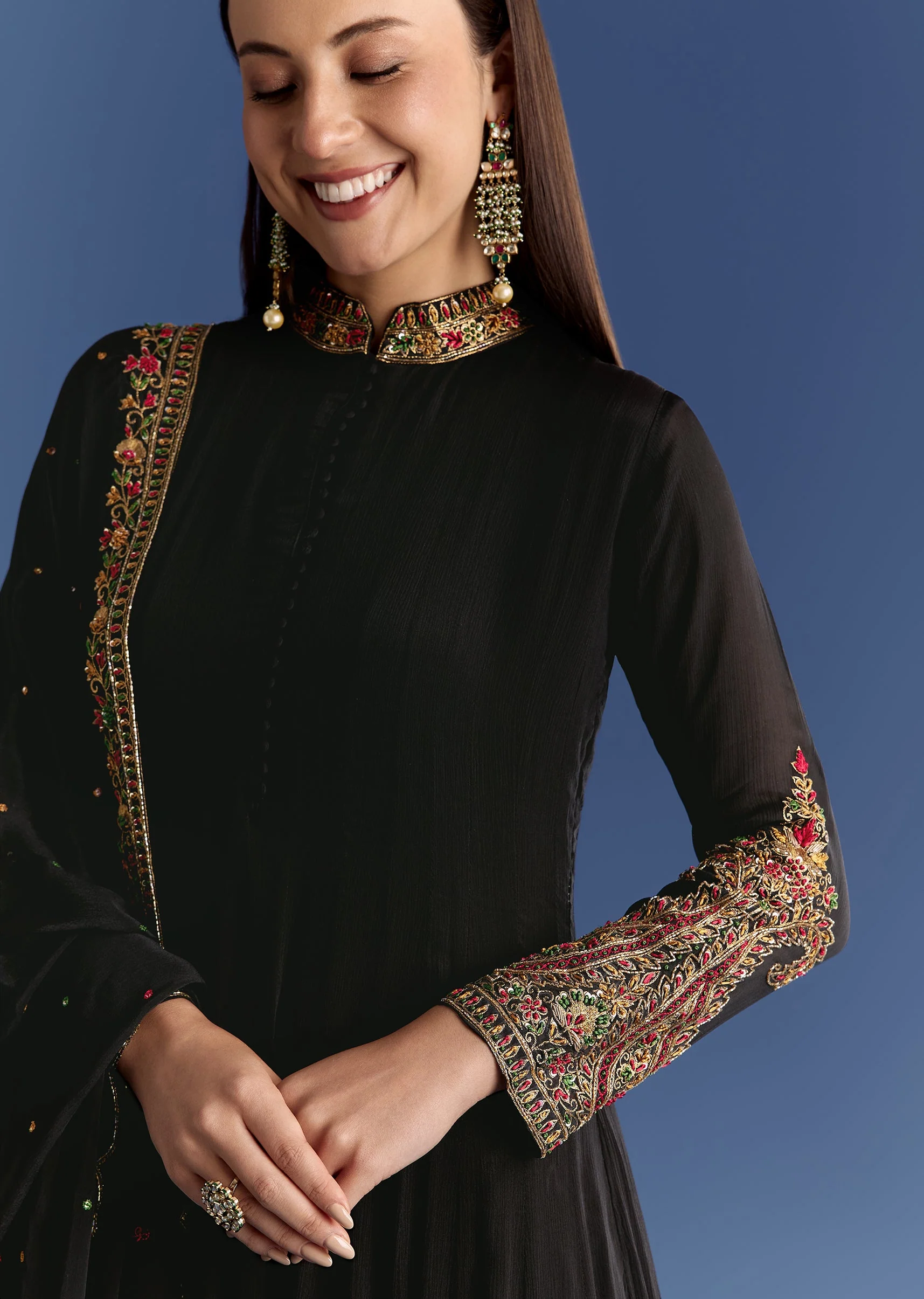 Black Chinon Anarkali With Embroidered Collar And Zari Dupatta