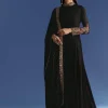 Black Chinon Anarkali With Embroidered Collar And Zari Dupatta