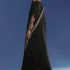 Black Chinon Anarkali With Embroidered Collar And Zari Dupatta
