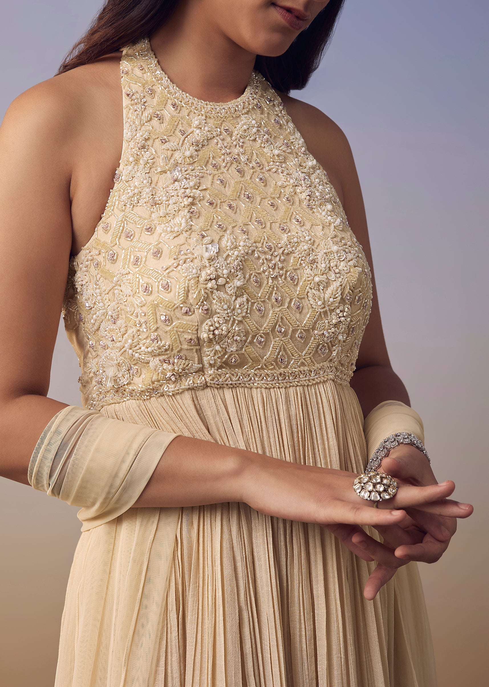 Ivory Backless Anarkali with Dupatta