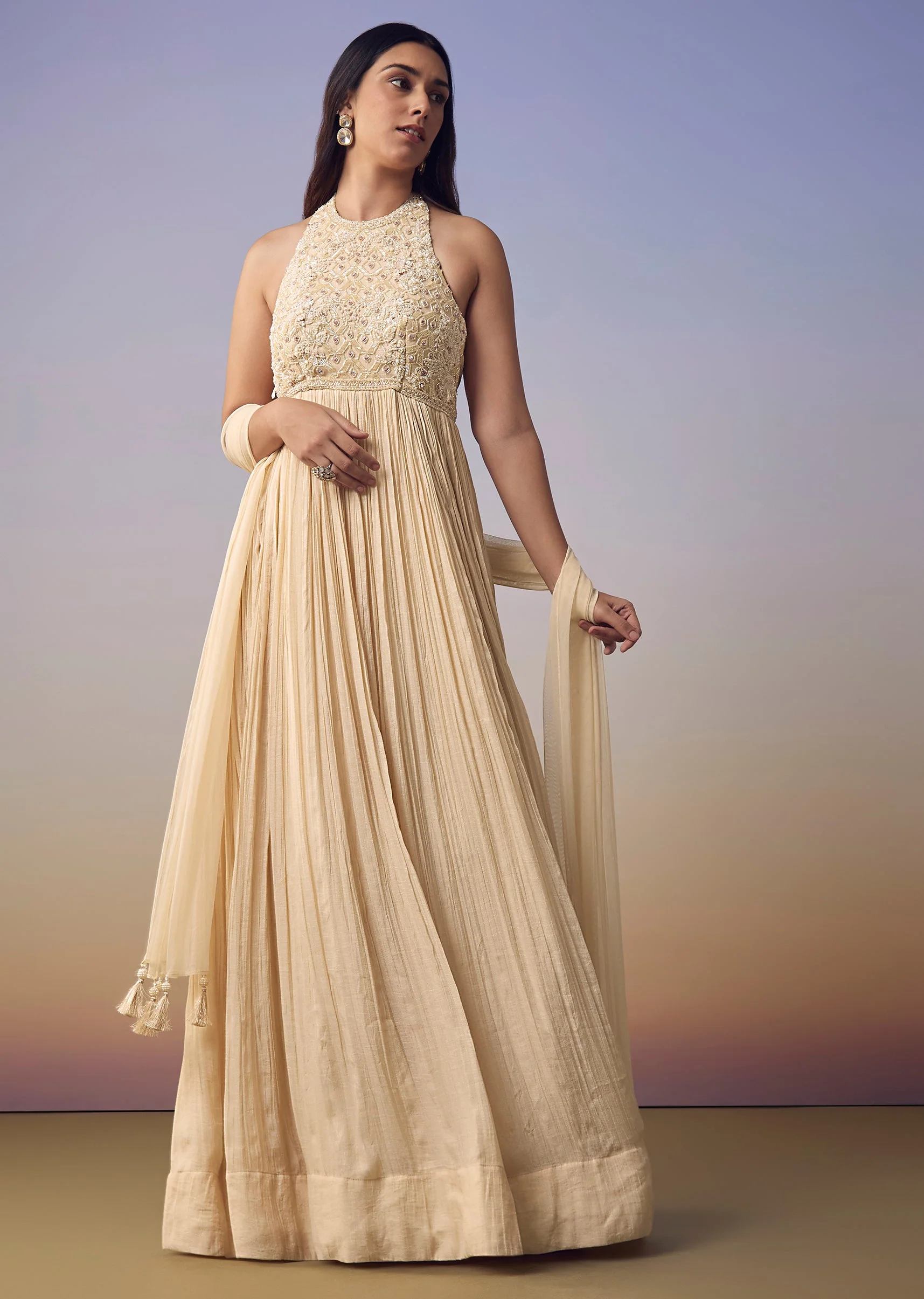 Ivory Backless Anarkali with Dupatta