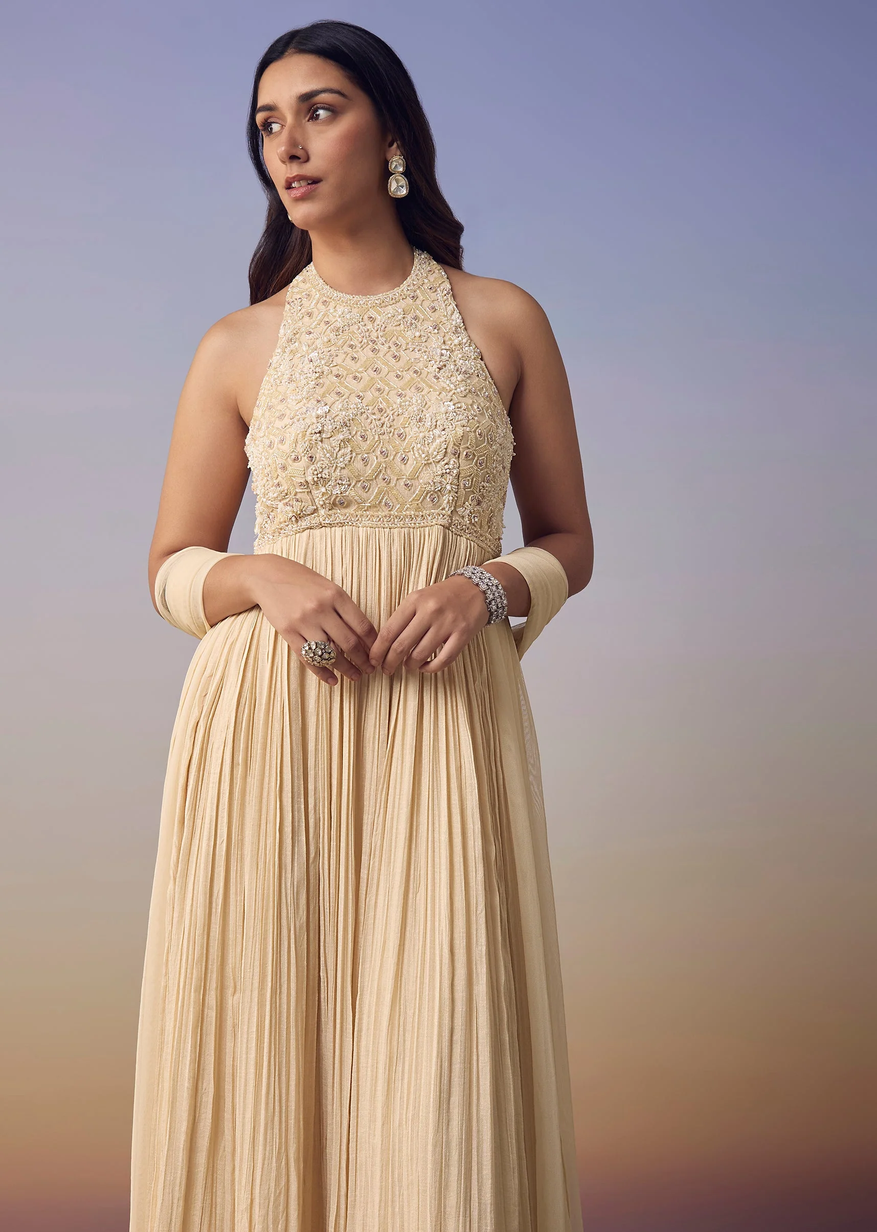 Ivory Backless Anarkali with Dupatta