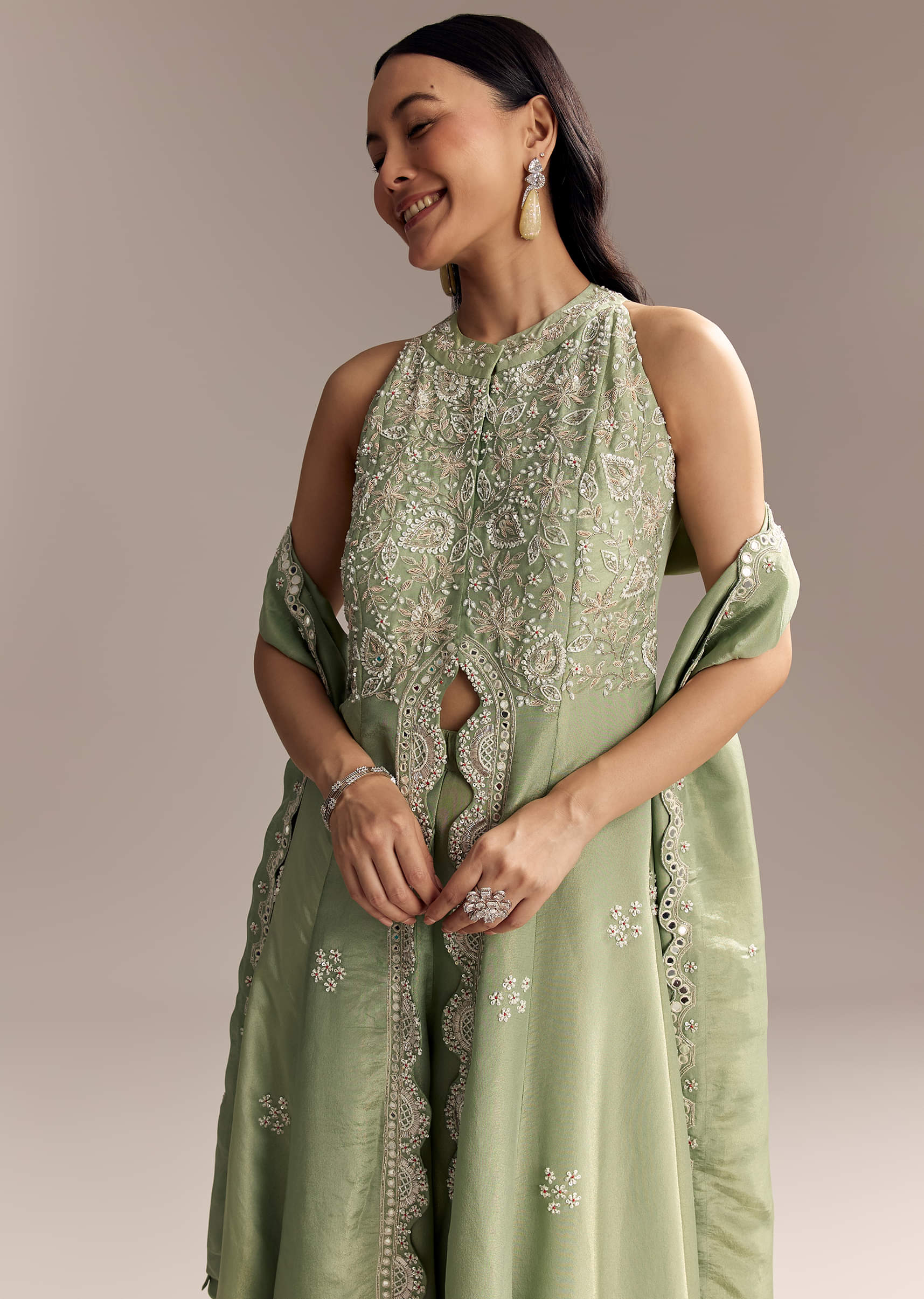Mint Green Tissue Anarkali Suit With Cutdana And Beads Embroidery