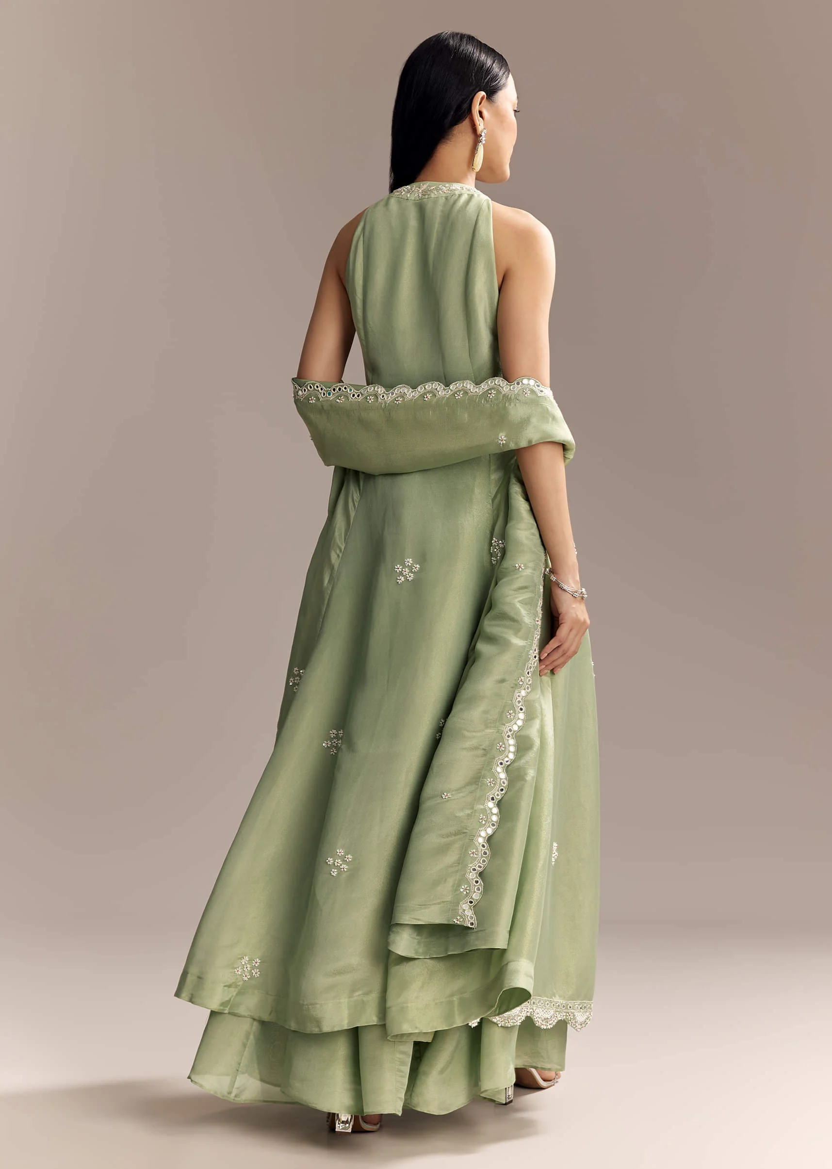 Mint Green Tissue Anarkali Suit With Cutdana And Beads Embroidery