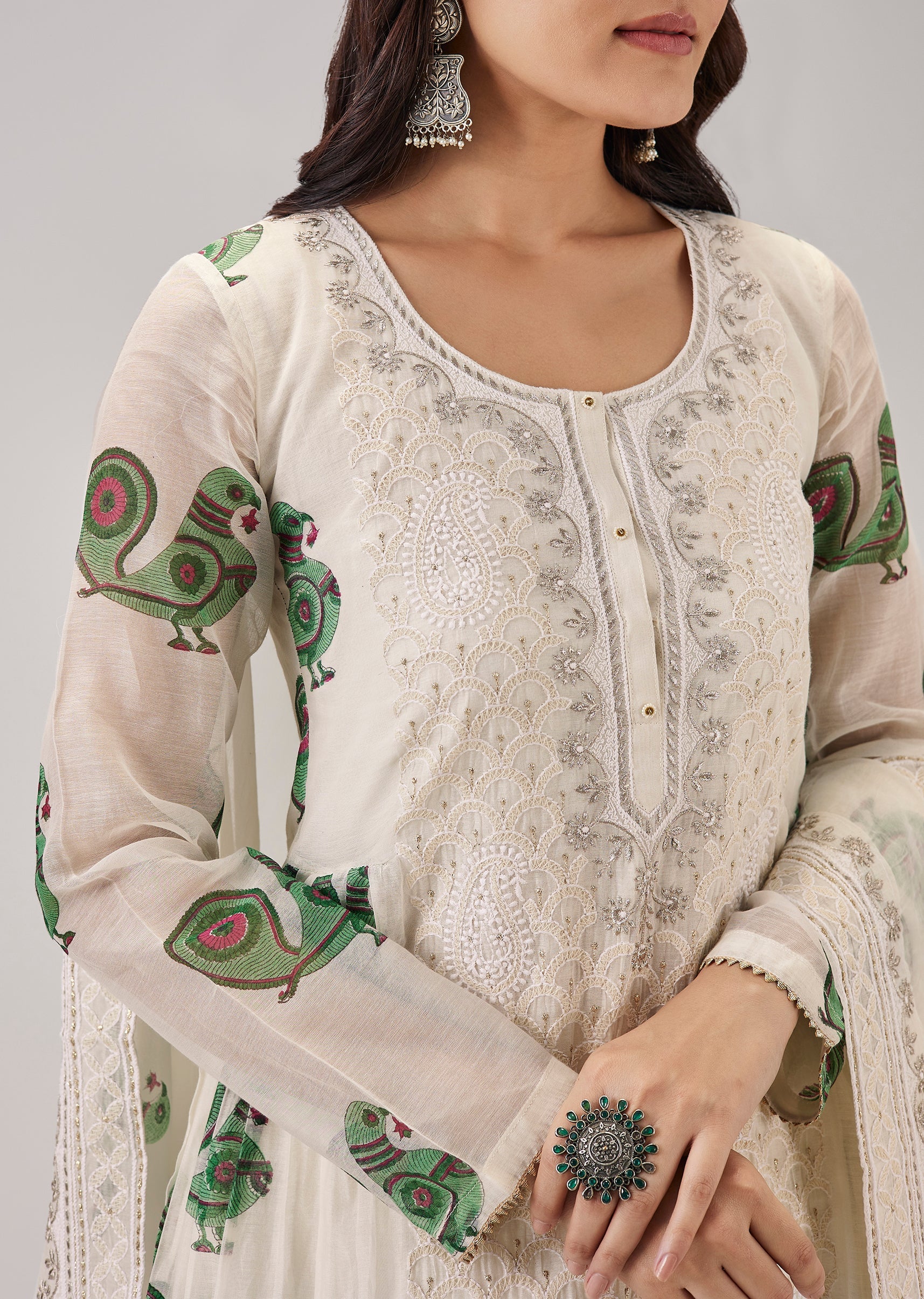 Green Hand Block Print With Lucknowi Work Anarkali
