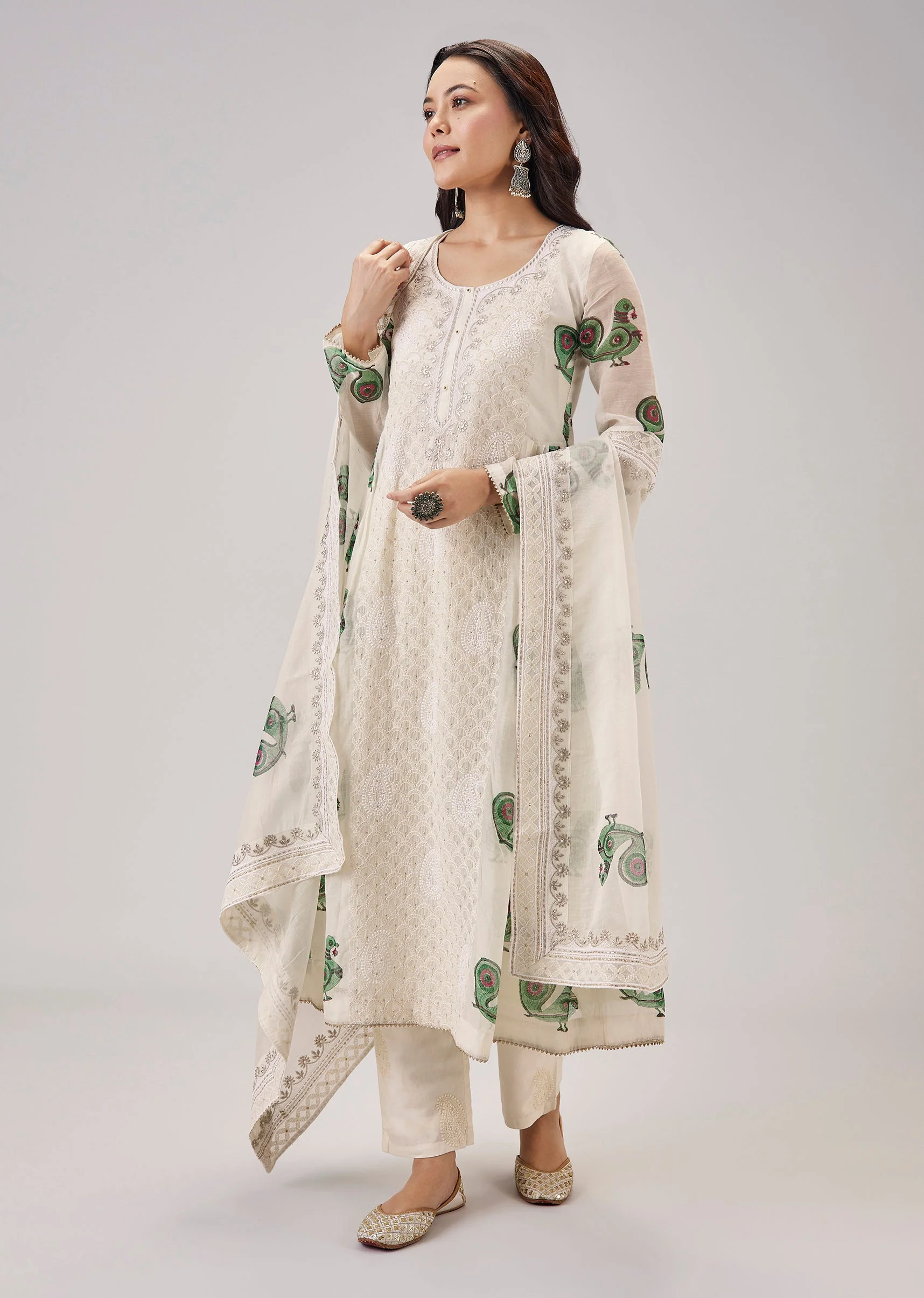 Green Hand Block Print With Lucknowi Work Anarkali