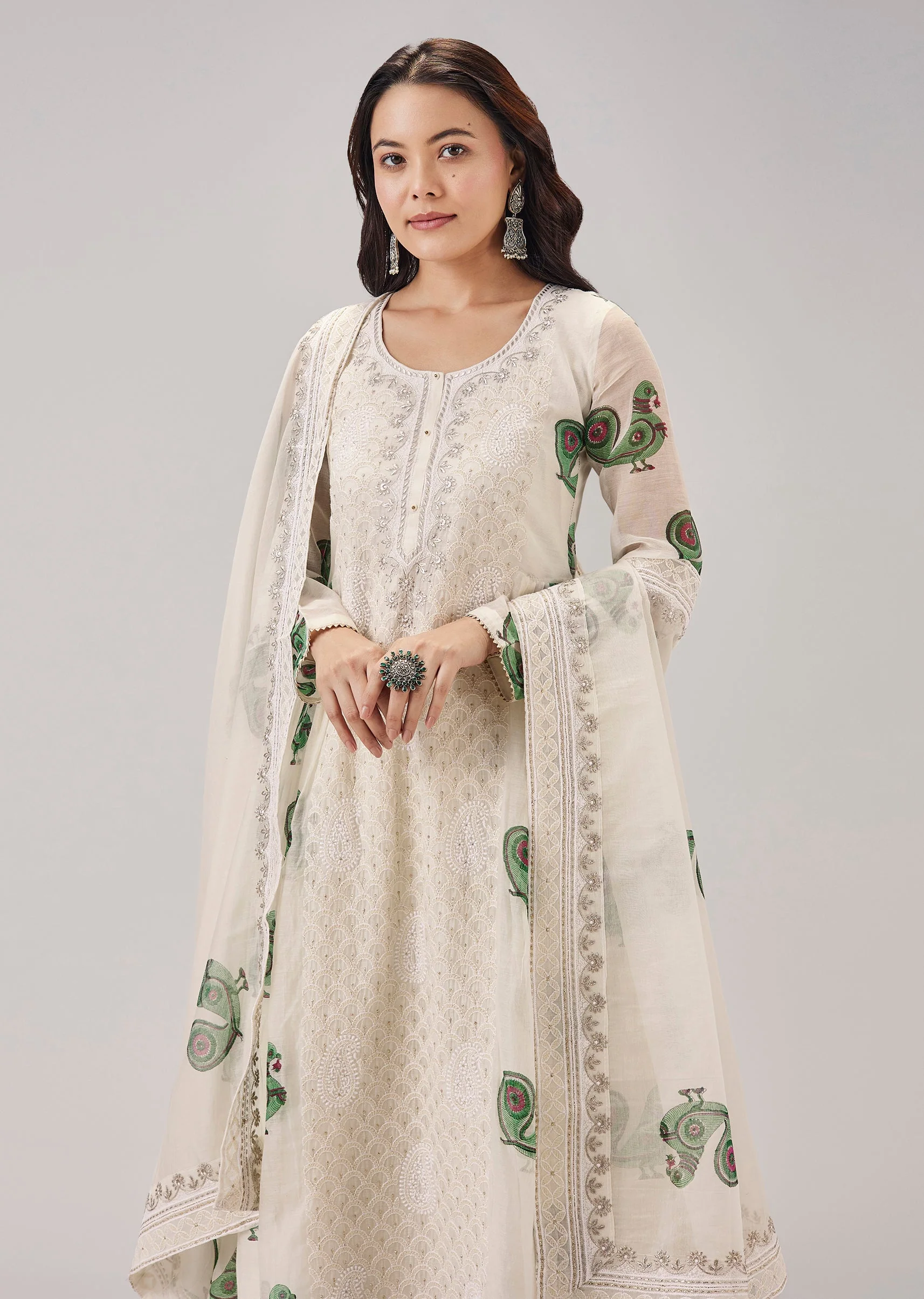 Green Hand Block Print With Lucknowi Work Anarkali