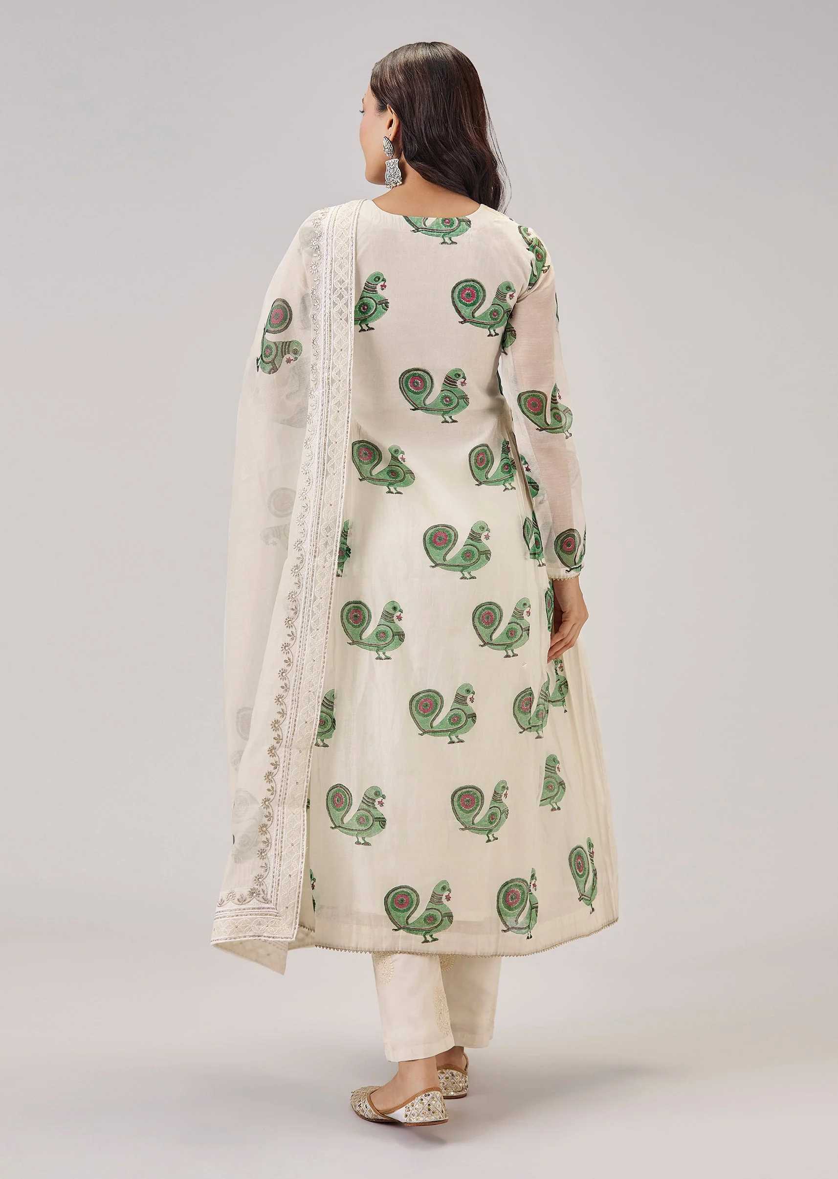 Green Hand Block Print With Lucknowi Work Anarkali