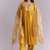 Mustard Yellow Silk Anarkali Suit With Zari Work And Floral Print Dupatta