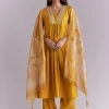 Mustard Yellow Silk Anarkali Suit With Zari Work And Floral Print Dupatta