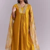 Mustard Yellow Silk Anarkali Suit With Zari Work And Floral Print Dupatta
