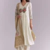 White Silk Anarkali Suit With Rose Motif And Thread Work