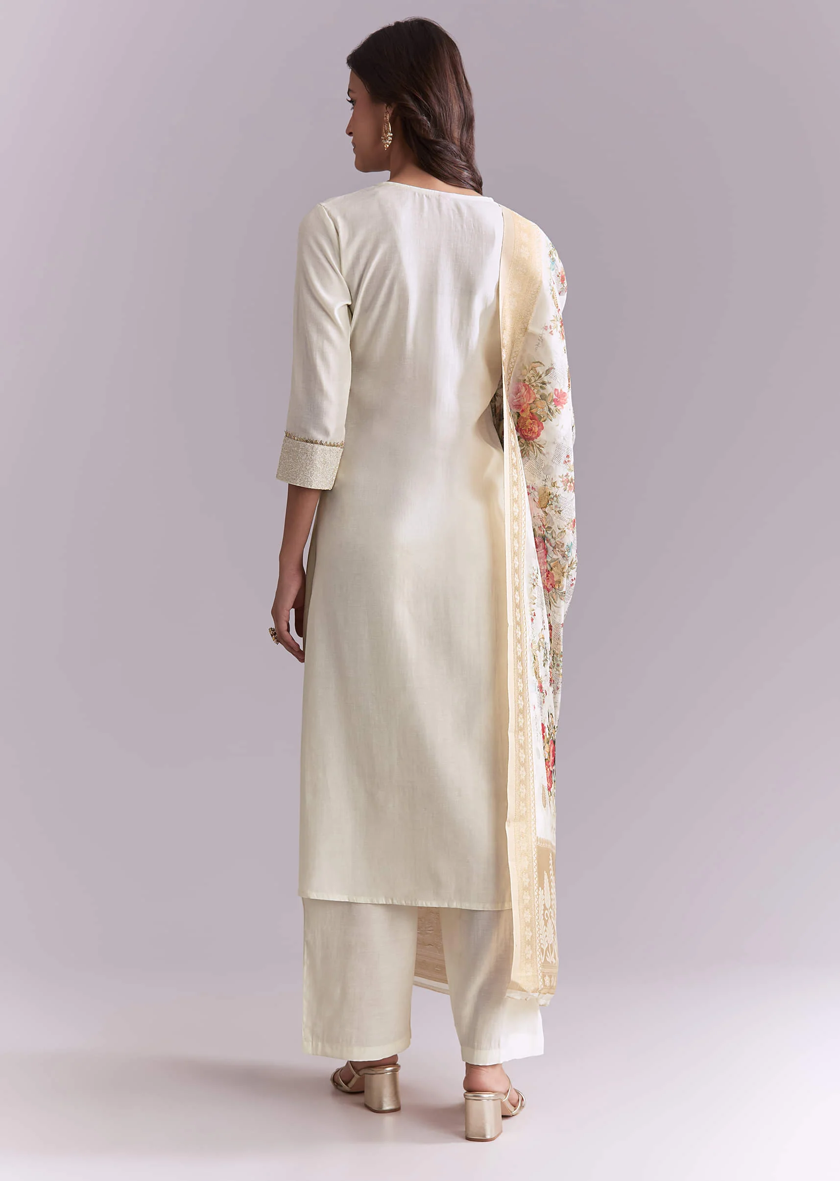 White Silk Anarkali Suit With Rose Motif And Thread Work