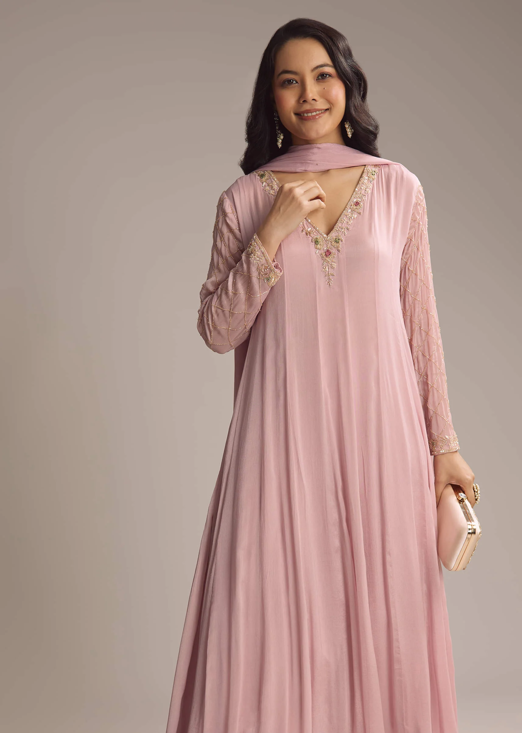 Pink Chinon Anarkali Suit With Cutdana And Sequins Work