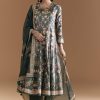 Dark Green Silk Anarkali Suit With Floral Print