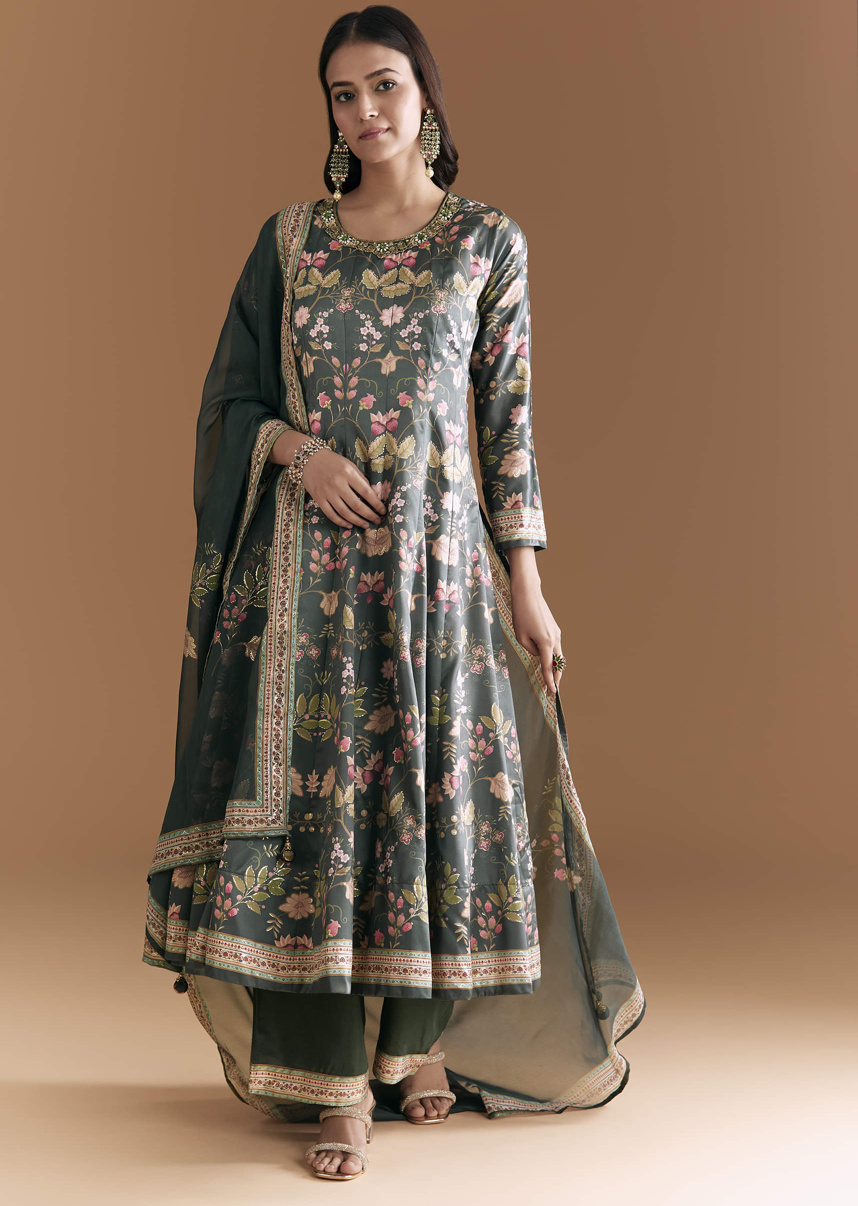 Dark Green Silk Anarkali Suit With Floral Print