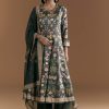 Dark Green Silk Anarkali Suit With Floral Print