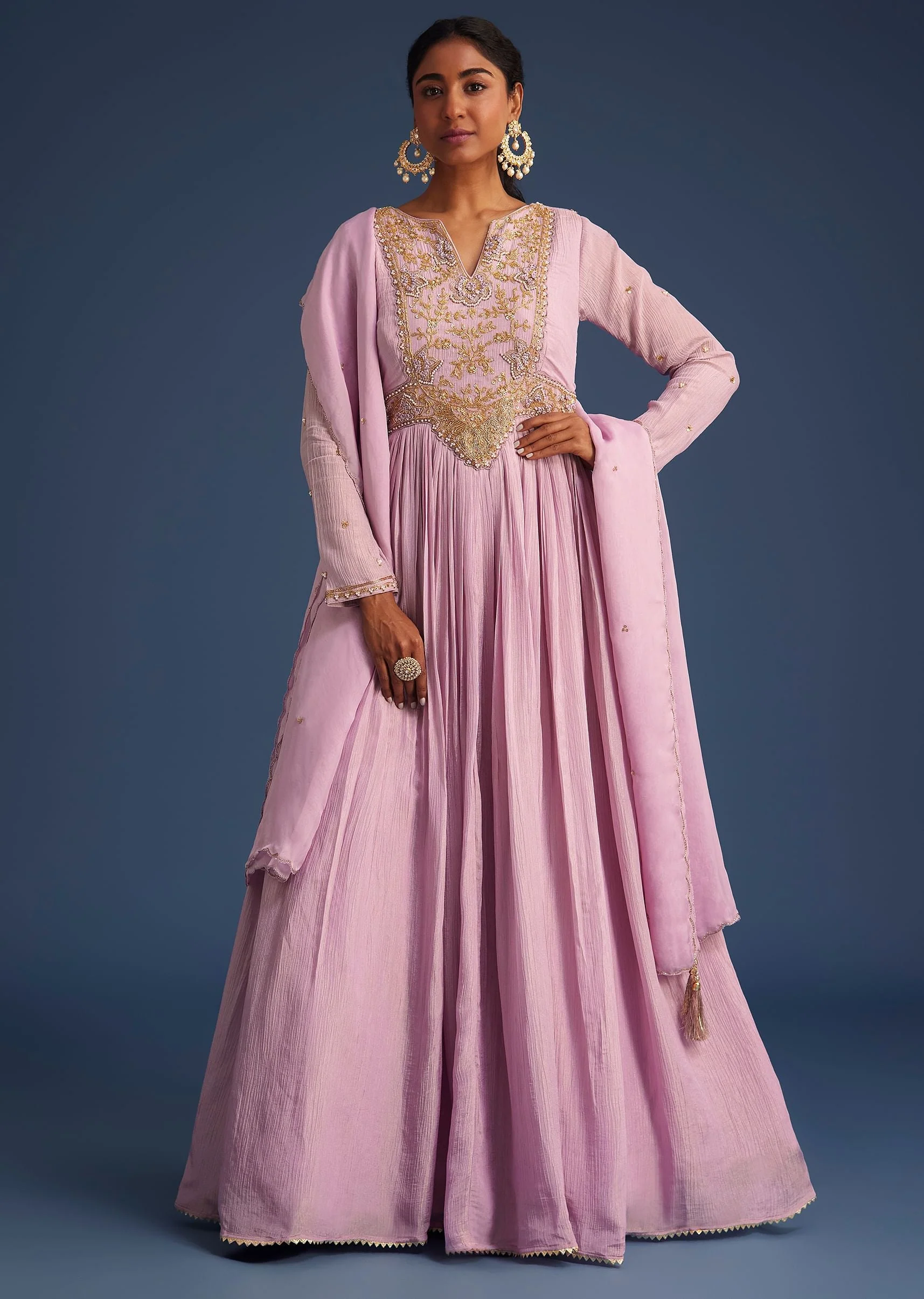 Lavender Tissue Embroidered Anarkali With Organza Dupatta
