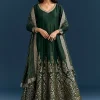 Dark Green Jacquard Silk Anarkali Suit With Festive Jacket Overlay
