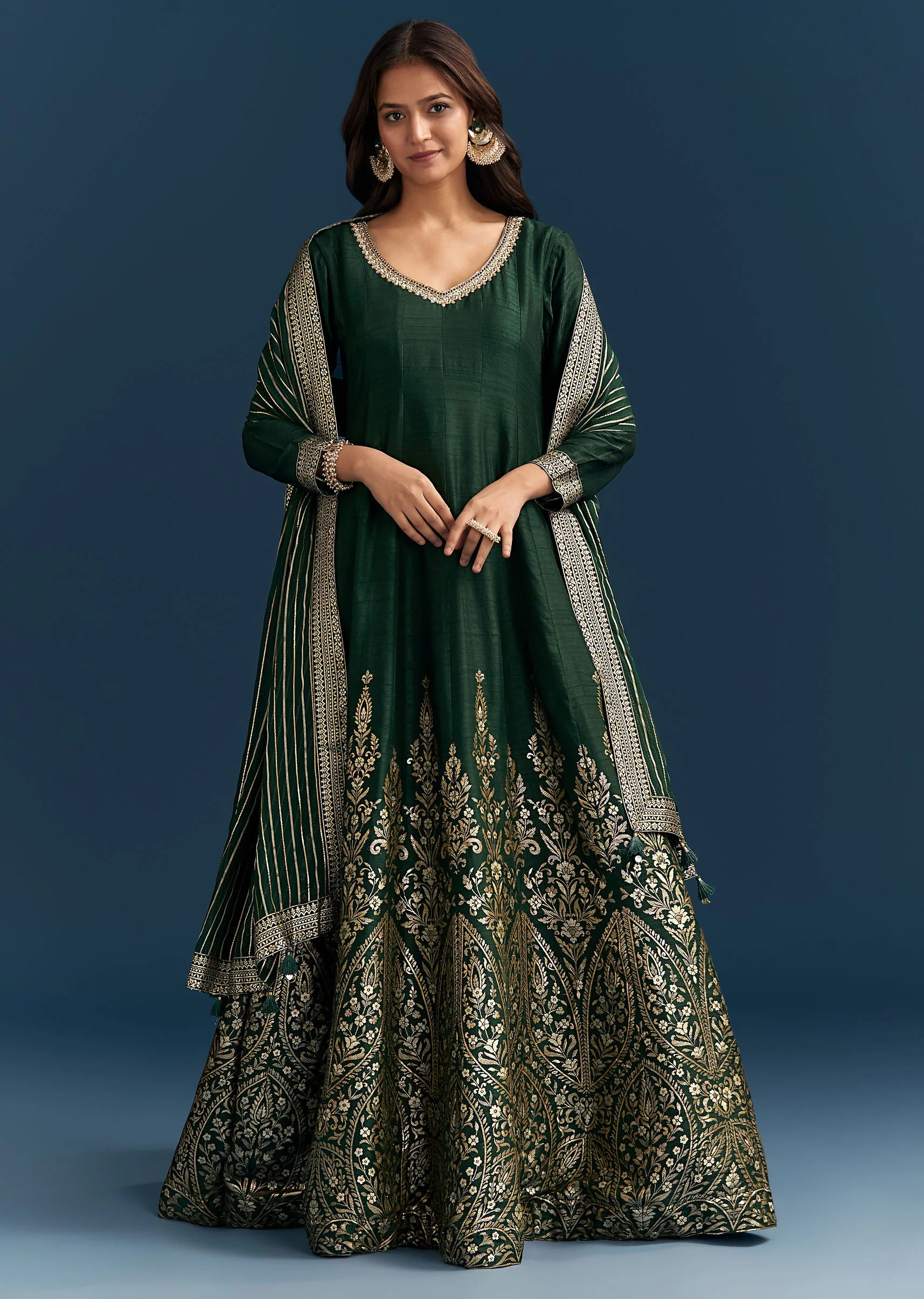 17867-dark-green-jacquard-silk-anarkali-suit-with-festive-jacket-overlay-1.webp Dark Green Jacquard Silk Anarkali Suit With Festive Jacket Overlay