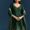 Dark Green Jacquard Silk Anarkali Suit With Festive Jacket Overlay