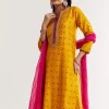Yellow Bandhani Kurta Set With Pink Dupatta