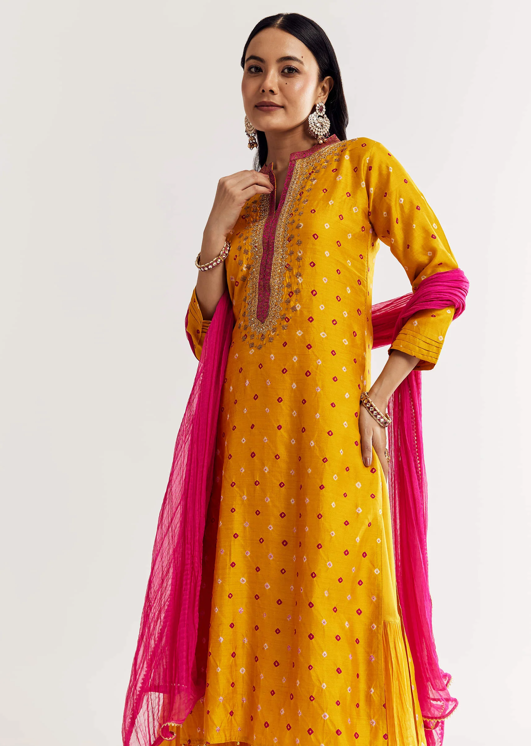 17879-yellow-bandhani-kurta-set-with-pink-dupatta-1.webp Yellow Bandhani Kurta Set With Pink Dupatta